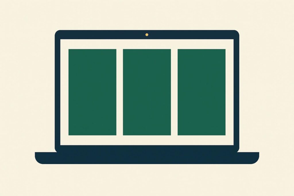 Laptop met drie lege panelen naast elkaar op het scherm