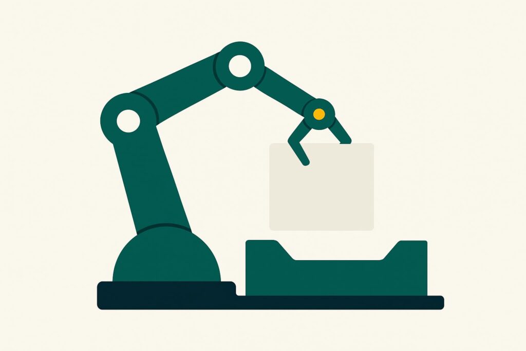 Robotarm die een document boven een bak houdt