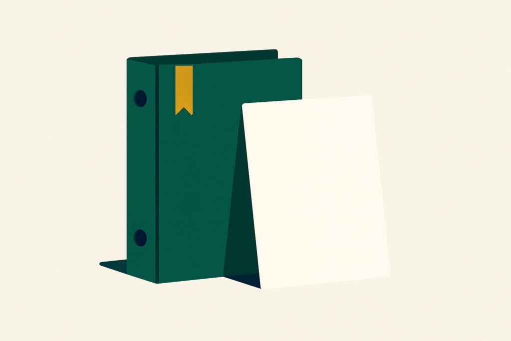 Rechtopstaande ordner met een vel papier ertegenaan